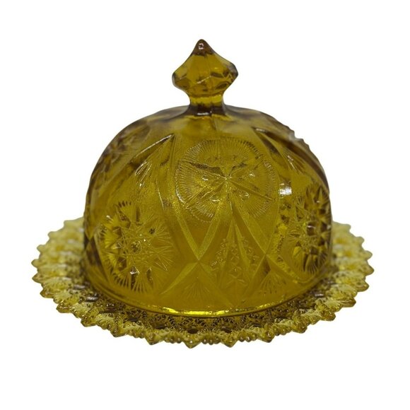 Unknown Other - Vintage 80S Amber Glass Butter Dish with Dome Lid – Star & Button Pattern 7"x5"